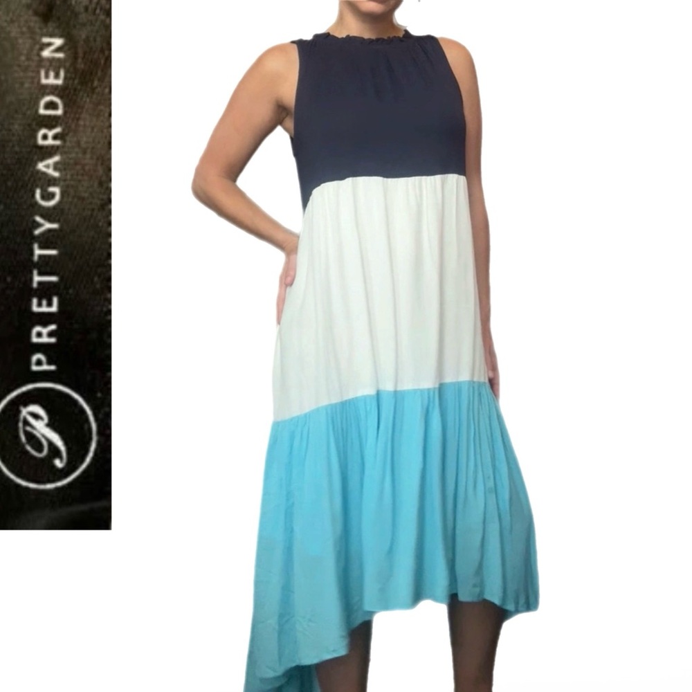 ❤️ Color Block Tiered Maxi Dress Sleeveless |Blue / Light Blue White Size Small